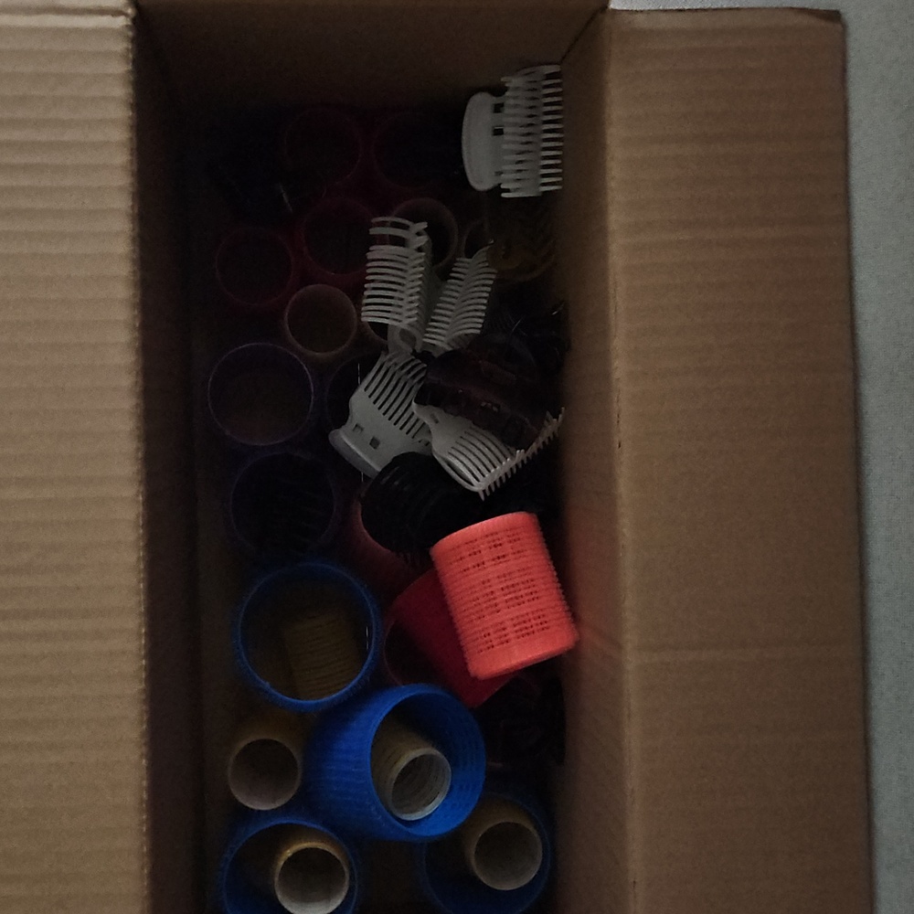 Box Of Assorted Hair Rollers and Clips. Various Hair Roller Sizes.